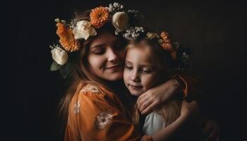 peu fille en portant fleurs, étreindre sa mère et célébrer de la mère journée. génératif ai photo