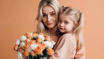 peu fille en portant fleurs, étreindre sa mère et célébrer de la mère journée. génératif ai photo