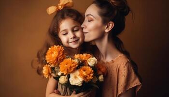 peu fille en portant fleurs, étreindre sa mère et célébrer de la mère journée. génératif ai photo