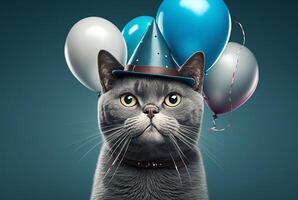 illustration de une mignonne chats anniversaire. avec chapeau et ballon, génératif ai photo