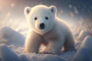 mignonne bébé polaire ours dans neige l'hiver. génératif ai photo