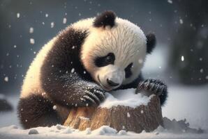 mignonne Panda bébé en jouant dans neige hiver, génératif ai photo