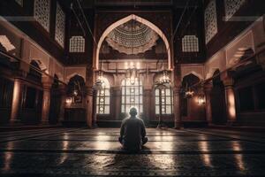 une musulman homme séance à l'intérieur une énorme mosquée. islamique architecture et mosquée illustration avec une pieux homme arrière voir. à l'arabe musulman mosquée et une homme séance seul illustration. génératif ai. photo