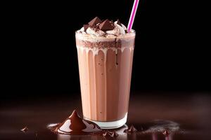 du froid Chocolat Milk-shake avec éclaboussures sur foncé Contexte par ai généré photo