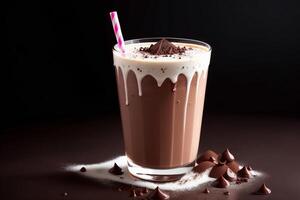 du froid Chocolat Milk-shake avec éclaboussures sur foncé Contexte par ai généré photo