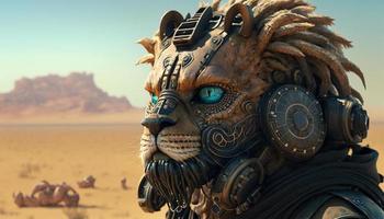 Lion tête cyborg avec cyberpunk style à désert avec une effrayant visage génératif ai. photo