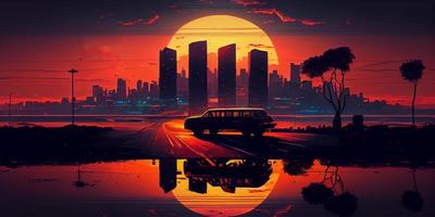 synthwave style avec coucher de soleil, route de géométrique lignes horizon entre le montagnes, ville et désert à le crépuscule soleil.design dans le style de le ancien rétro Années 80 génératif ai. photo