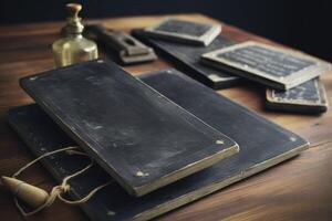 illustration de une en bois table avec une empiler de livres et une bouteille sur Haut établi avec génératif ai La technologie photo