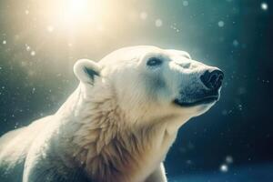 illustration de une curieuse polaire ours regarder en haut à le étoilé nuit ciel établi avec génératif ai La technologie photo