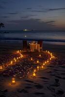 romantique plage dîner, a la chandelle table pour deux - génératif ai photo