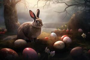 illustration de une lapin entouré par coloré Pâques des œufs dans une vert champ établi avec génératif ai La technologie photo