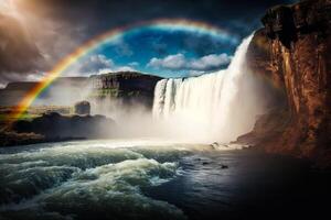 cascade avec chute l'eau de au dessus et une coloré arc en ciel dans le brouillard. ai généré photo