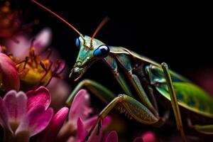 très proche et détaillé macro portrait de une prier mante contre une foncé Contexte. ai généré photo