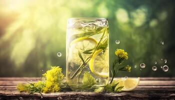 limonade dans verre avec éclaboussure sur en bois table et vert flou Contexte. été rafraîchissant boire. génératif ai photo