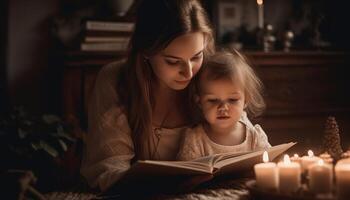 une moment de une mère et enfant câliné en haut ensemble en train de lire une livre, avec doux éclairage et confortable alentours. de la mère journée. génératif ai photo