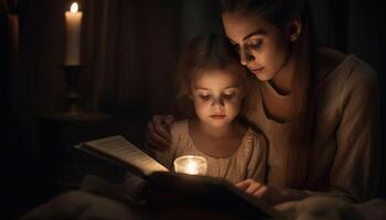 une moment de une mère et enfant câliné en haut ensemble en train de lire une livre, avec doux éclairage et confortable alentours. de la mère journée. génératif ai photo