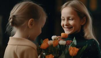 mère recevoir une bouquet de fleurs de sa enfant, avec une brillant sourire sur tous les deux leur visages. de la mère journée. génératif ai photo