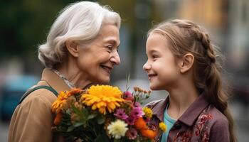 mère recevoir une bouquet de fleurs de sa enfant, avec une brillant sourire sur tous les deux leur visages. de la mère journée. génératif ai photo