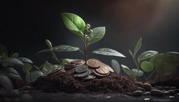 croissance argent - plante sur pièces de monnaie - la finance et investissement concept. génératif ai photo