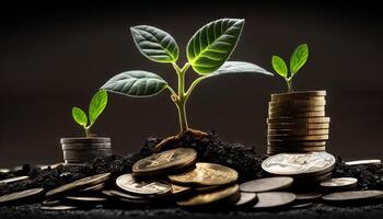 croissance argent - plante sur pièces de monnaie - la finance et investissement concept. génératif ai photo