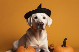 Labrador retriever dans sorcière chapeau. génératif ai. photo