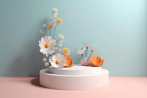 3d Contexte avec podium et marguerites . minimal scène. génératif ai. photo