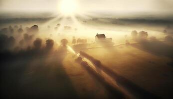 génératif ai, Matin ferme paysage avec soleil, agricole des champs dans brouillard, magnifique campagne, pays route. la nature illustration, photoréaliste Haut vue drone, horizontal bannière. photo