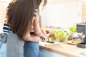 lesbienne couple permanent dans cuisine. lesbienne couple permanent dans une moderne cuisine derrière une compteur cuisine nourriture ensemble. dans l'amour lgbt liberté concept. aimant et soins couple cuisson. sélectif se concentrer. photo