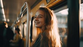 une la personne en utilisant Publique transport à travail, réduire leur carbone empreinte et promouvoir respectueux de la nature faire la navette. génératif ai photo