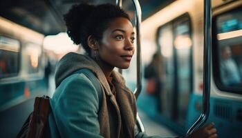 une la personne en utilisant Publique transport à travail, réduire leur carbone empreinte et promouvoir respectueux de la nature faire la navette. génératif ai photo