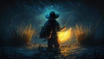 pêcheur blé chapeau pêche embrasé l'eau mystérieux image génératif ai photo