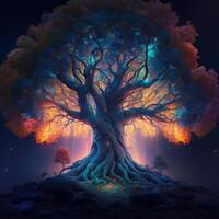 magnifique image de géant coloré arbre HD surréaliste LED lumières génératif ai photo