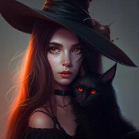 magnifique sorcière fille dans noir robe avec noir chat image génératif ai photo