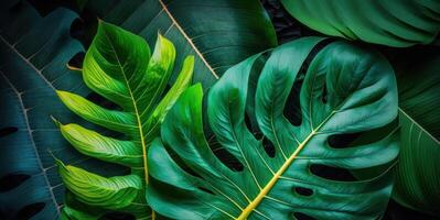 abstrait vert tropical banane et monstera feuilles Contexte établi avec génératif ai La technologie photo