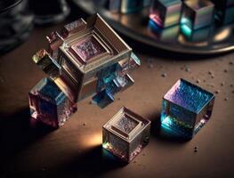 coloré brillant arc en ciel bismuth gemme cubes foncé Contexte établi avec génératif ai La technologie photo