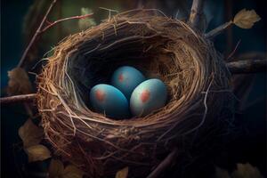 des oiseaux nid avec des œufs sur une arbre. attendez pour progéniture. ai généré photo