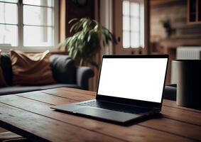 portable sur une table avec une blanc filtrer. ordinateur dans le appartement. ai généré photo