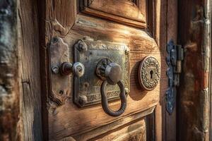 vieux porte fermer à clé sur une en bois porte. ai généré photo