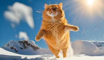 chat en jouant dans le neige dans le glacé montagnes pendant le journée ai génératif photo