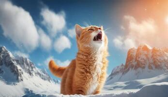 chat en jouant dans le neige dans le glacé montagnes pendant le journée ai génératif photo