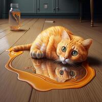 le chat cette déversé le Orange jus ai génératif photo