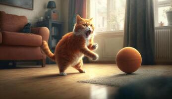 le gingembre chat est en jouant Balle dans le vivant pièce ai génératif photo