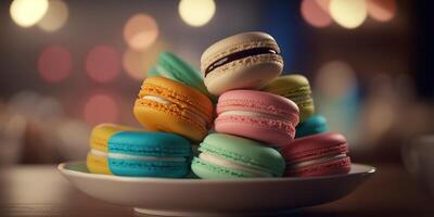 une assiette de coloré macarons sur bokeh Contexte ai photo