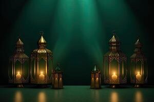islamique lanterne d'or et vert luxe ornement Ramadan kareem fête ai généré photo