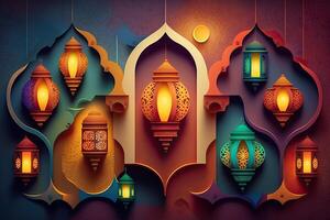 islamique Ramadan mubarak fête lanterne lumière plaine Contexte ai généré photo