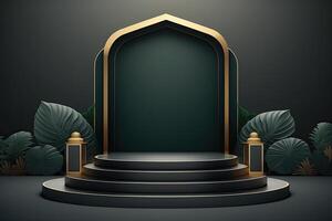 luxe islamique Ramadan podium étape produit afficher vert et or Cadre ai généré photo