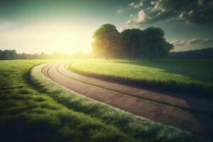 le jogging fonctionnement champ Piste avec vert paysage Extérieur fabriqué avec génératif ai photo