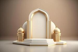 luxe islamique Ramadan podium étape produit afficher or et blanc ai généré photo