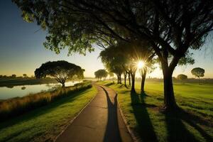 Matin le jogging suivi lumière du soleil sur vert collines fabriqué avec génératif ai photo