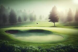 Matin vert le golf champ avec bassin avec lumière du soleil fabriqué avec génératif ai photo